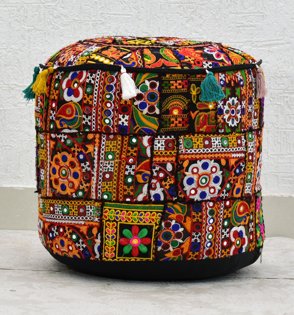 Gwen Pouffe/Ottoman Gujrati Rajmodi Patchwork - Black - Image 4